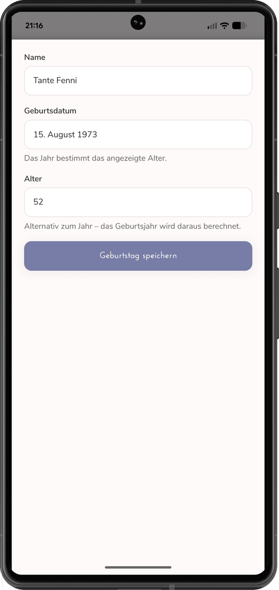 Formular für einen Geburtstag mit den Feldern Name, Geburtsdatum und Alter; Jahr und Alter lassen sich gegenseitig ausrechnen.