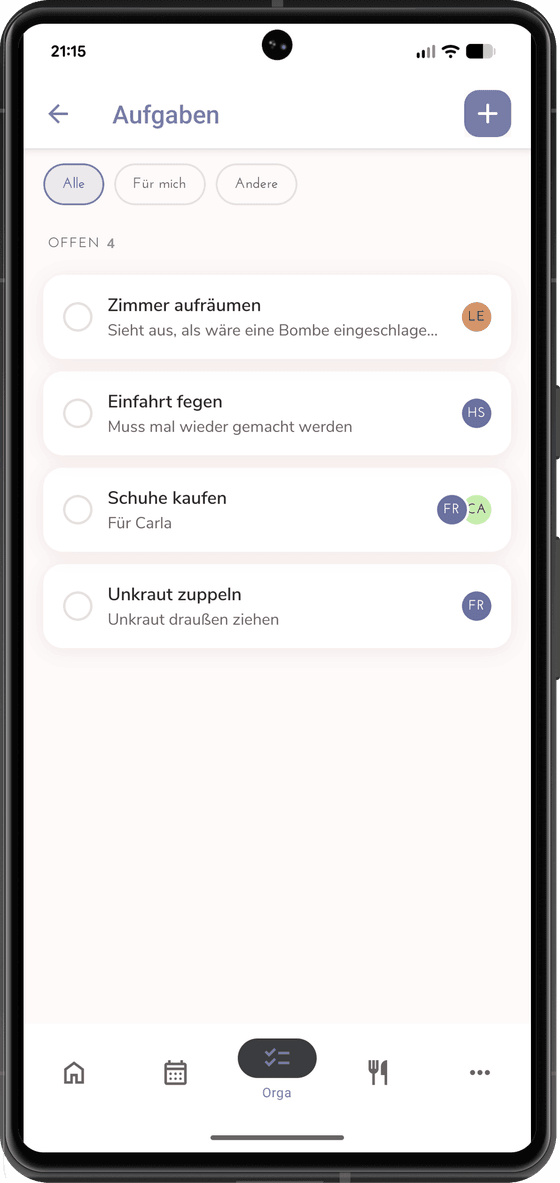 Aufgabenliste mit den Filtern Alle, Für mich und Andere; darunter vier offene Aufgaben mit Beschreibung und dem farbigen Kreis der Person, die dran ist.