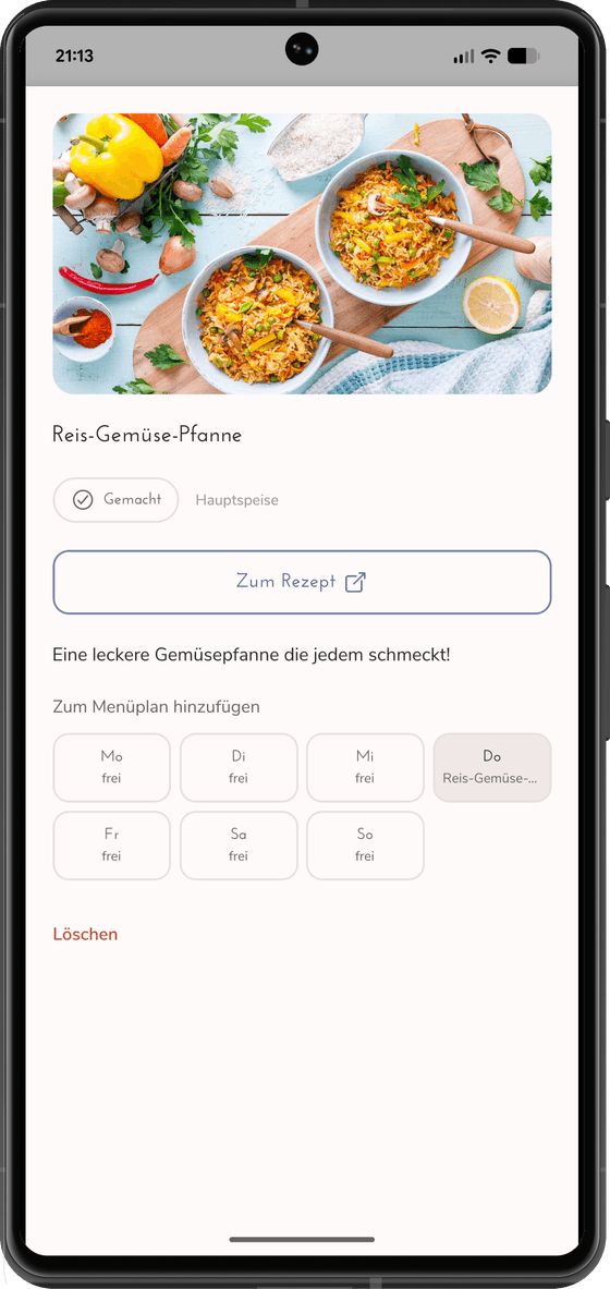 Rezeptseite der Reis-Gemüse-Pfanne mit Foto, Link zum vollständigen Rezept und den sieben Wochentagen, über die sich das Gericht in den Menüplan legen lässt.